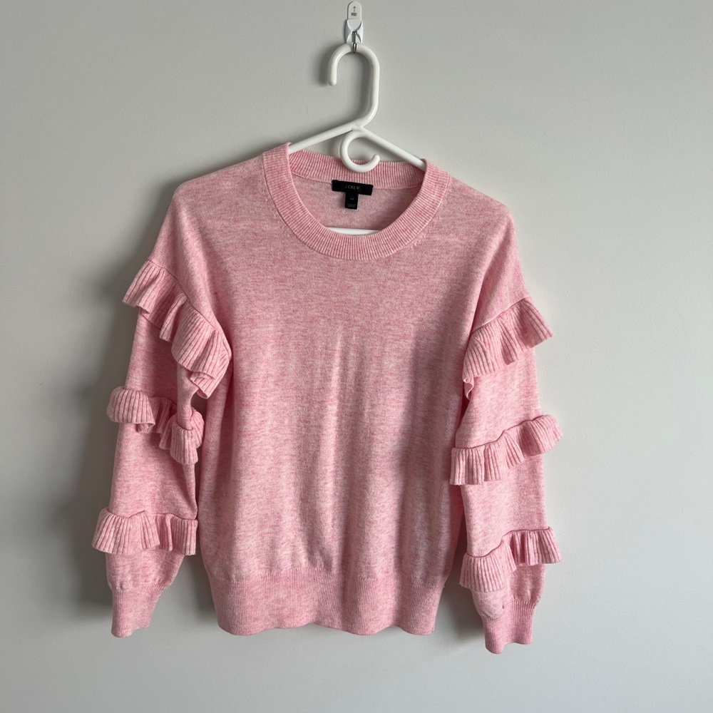 J. Crew Pink Ruffle Sleeve Crew Neck Sweater Size XS